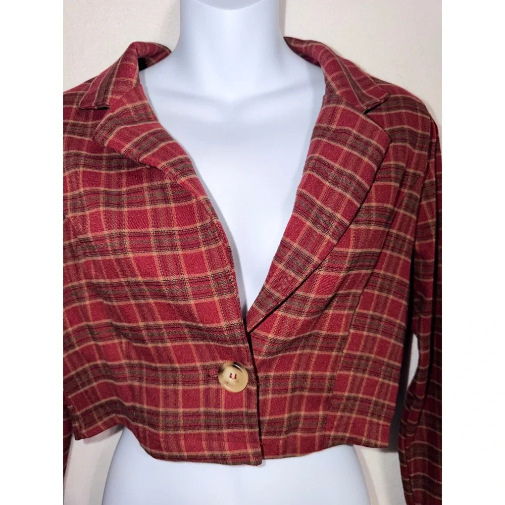 Hyfve Womens Red Plaid Cropped Single Button Blazer Top Small HF22F822